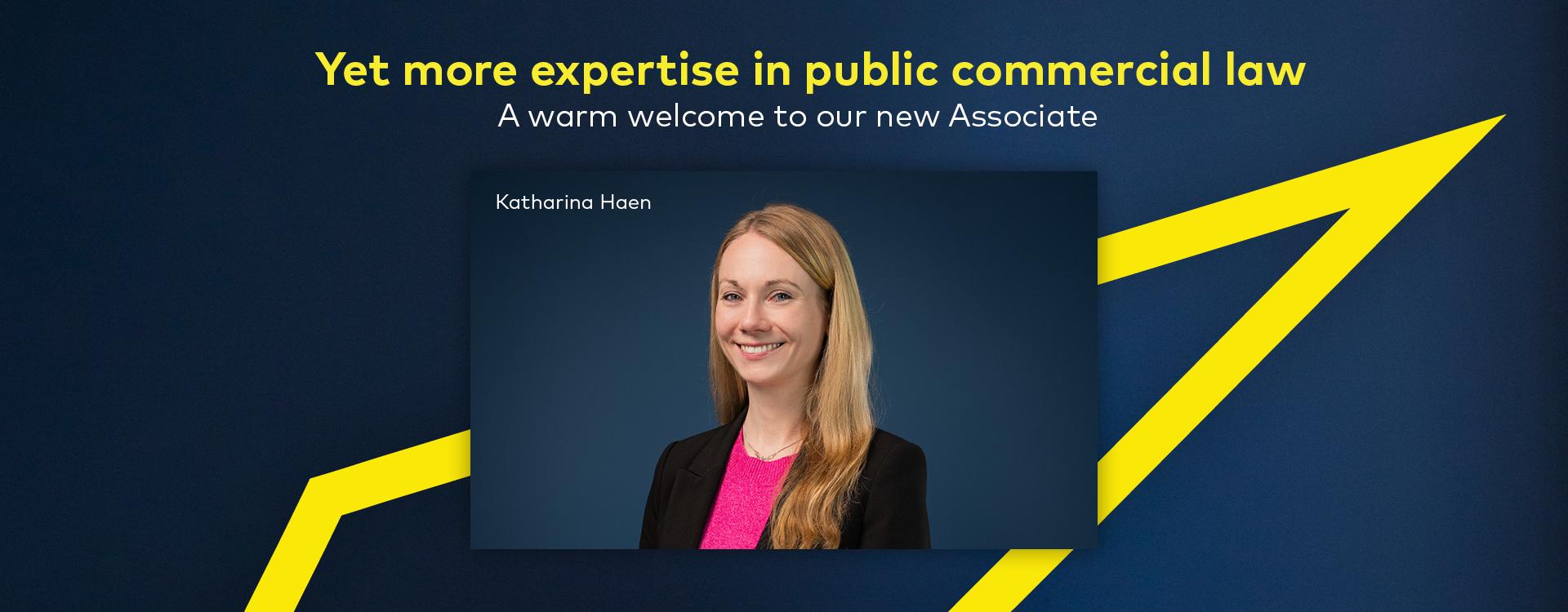 Graphic banner welcoming a new Associate. At the center is a portrait of Katharina Haen smiling in front of a blue background. Yellow graphic lines run dynamically across the backdrop.