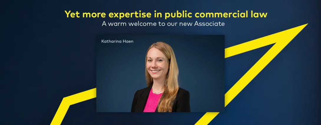 Graphic banner welcoming a new Associate. At the center is a portrait of Katharina Haen smiling in front of a blue background. Yellow graphic lines run dynamically across the backdrop.