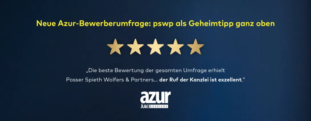 Azur-Bewerberumfrage: pswp als Geheimtipp ganz oben, mit fünf Sternen und Zitat zur exzellenten Kanzlei-Reputation.